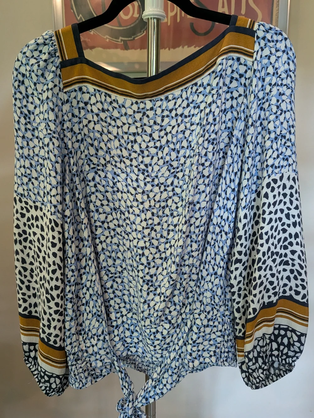 Anthropologie Blue White and Mustard Mixed-Print Puff-Sleeve Blouse